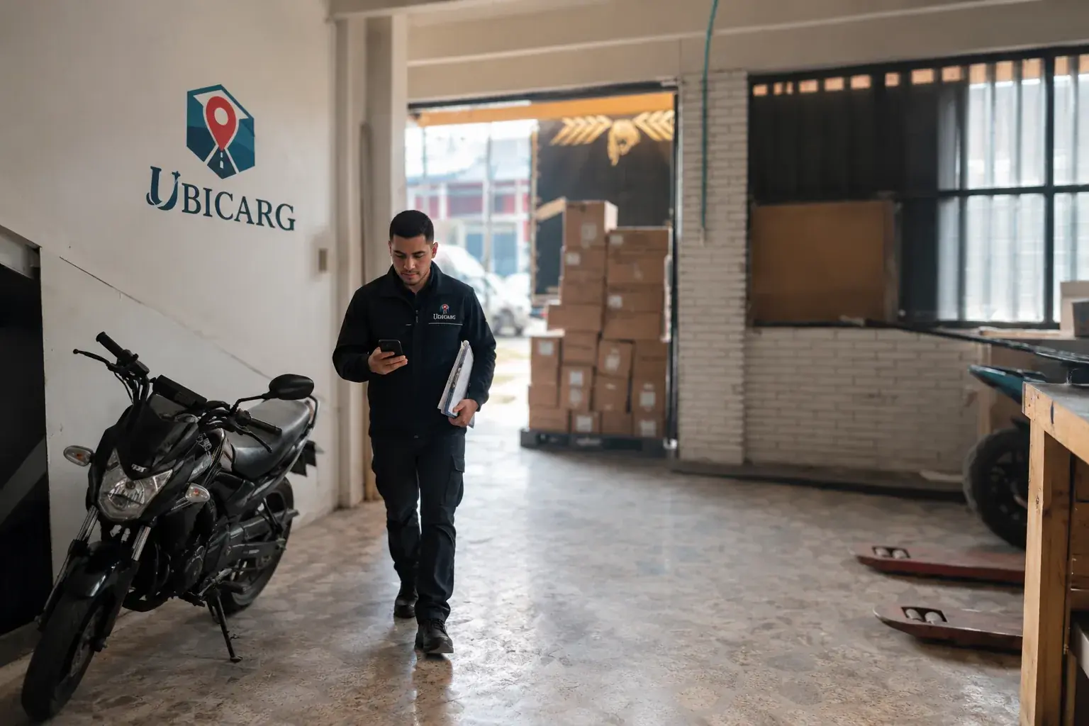 Operario con chaqueta de Ubicarg revisando el celular al salir de la bodega, con el logo de la empresa pintado en el muro y mercanc&iacute;a en estibas al fondo